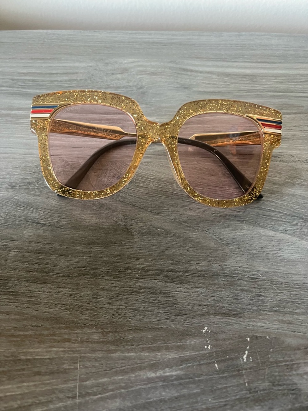 Gucci Gold Glitter Oversized Square Sunglasses with Red-White-Blue Accent